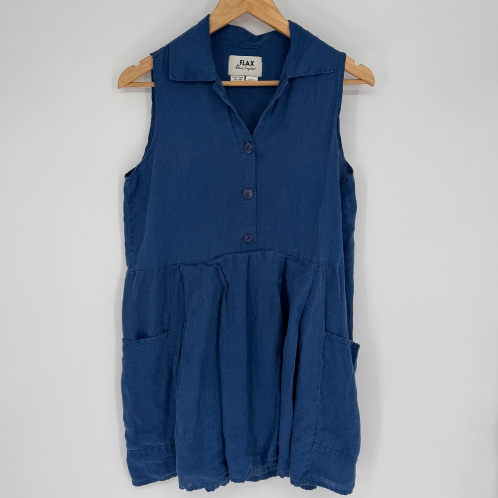 FLAX Tunic Dress Blue Linen Sleeveless Pockets Coastal Grandma Lagenlook Small